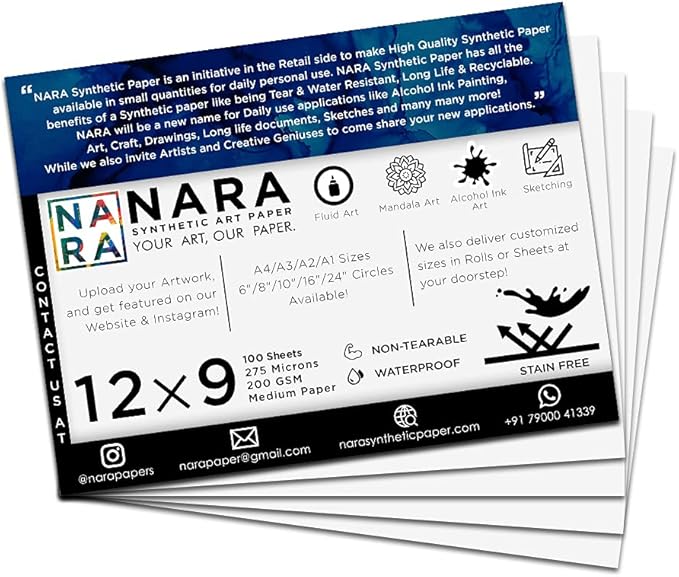NARA Alcohol Ink Paper | White | 12 inches x 9 inches (12”x9”) | 275 microns/200 GSM | 100 Sheets| Medium Paper | Paper for Alcohol Ink Art Painting | 100% Stain-Free