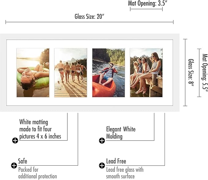 Americanflat 4x6 Collage Picture Frame with Shatter-Resistant Glass - Fits Four 4x6 Photos or Use as One 8x20 Picture Frame - Signature Collection - Collage Frames for Wall Display - White