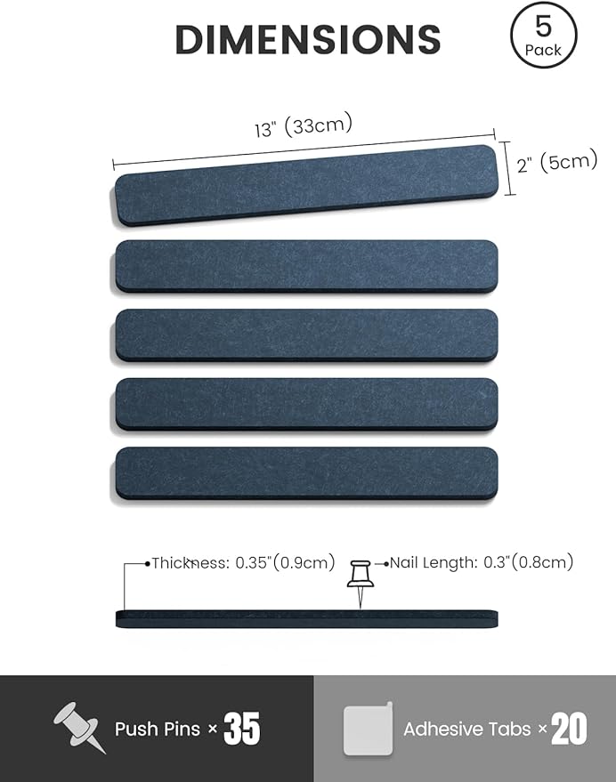 Fluxynara Cork Board Alternative Felt Strip Board 5-Pack 13"x2", Office Pin Board with 35 Push Pins, Adhesive Install for Bedroom Door & Home Office(Denim Blue)