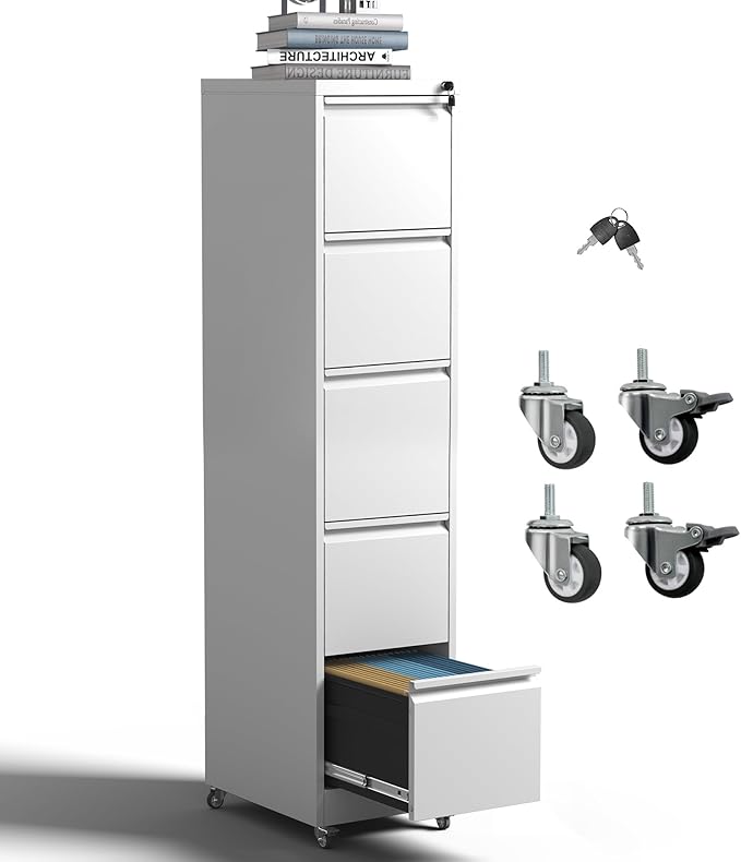 5 Drawer Rolling File Cabinet with Lock, Metal Filing Cabinets on Wheels, Vertical Steel Office Drawers Storage for Hanging Legal/Letter Folders, Require Assembly (White)