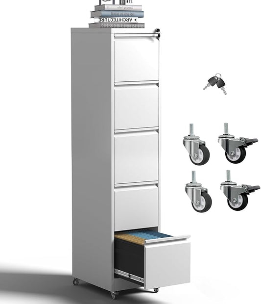 5 Drawer Rolling File Cabinet with Lock, Metal Filing Cabinets on Wheels, Vertical Steel Office Drawers Storage for Hanging Legal/Letter Folders, Require Assembly (White)