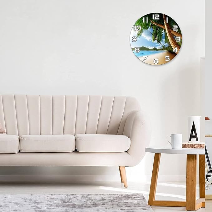 Summer Beach with Palm Tree Wall Clock Battery Operated Silent Round Clock Tropical Theme Wall Decor for Home Office School, 12 Inch