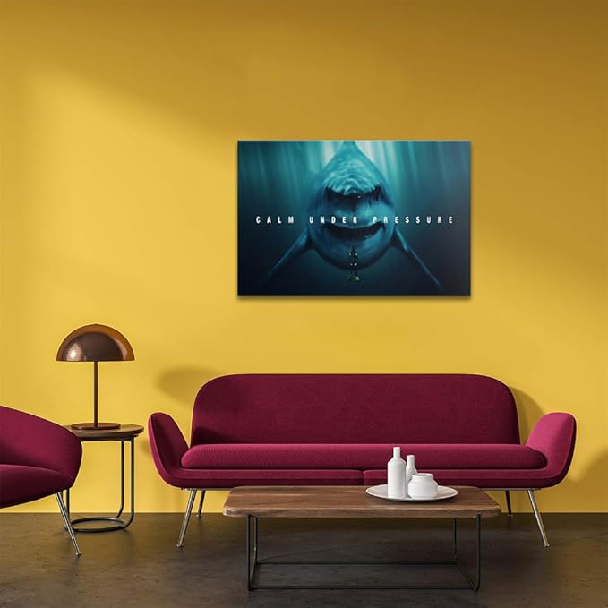 Life Office Motivational Poster Wall Art Calm Under Pressure Shark Seascape Explore Picture Oil Painting on Canvas Wood Framed Modern Gallery Art Living Bedroom Home Office Wall Decor-36''Wx24''H