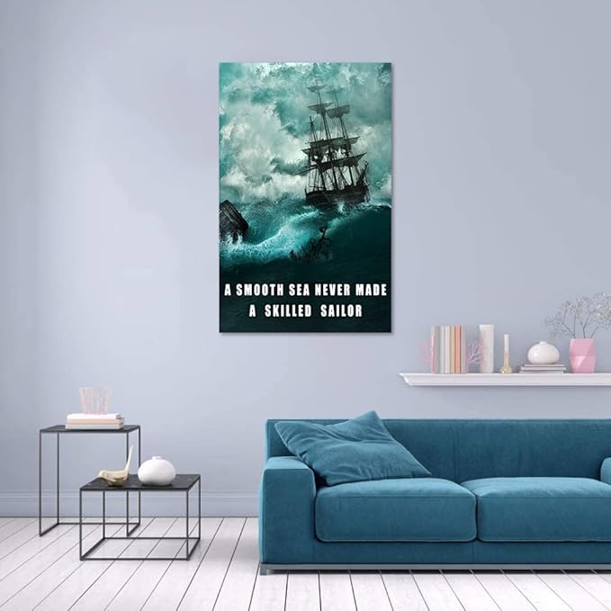 Motivational Wall Art Inspirational Quotes Pictures Inspiration Motivation Inspire Canvas Painting Sailing Ship Storm Posters Prints Home Decor for Office, Framed 28" x 44"