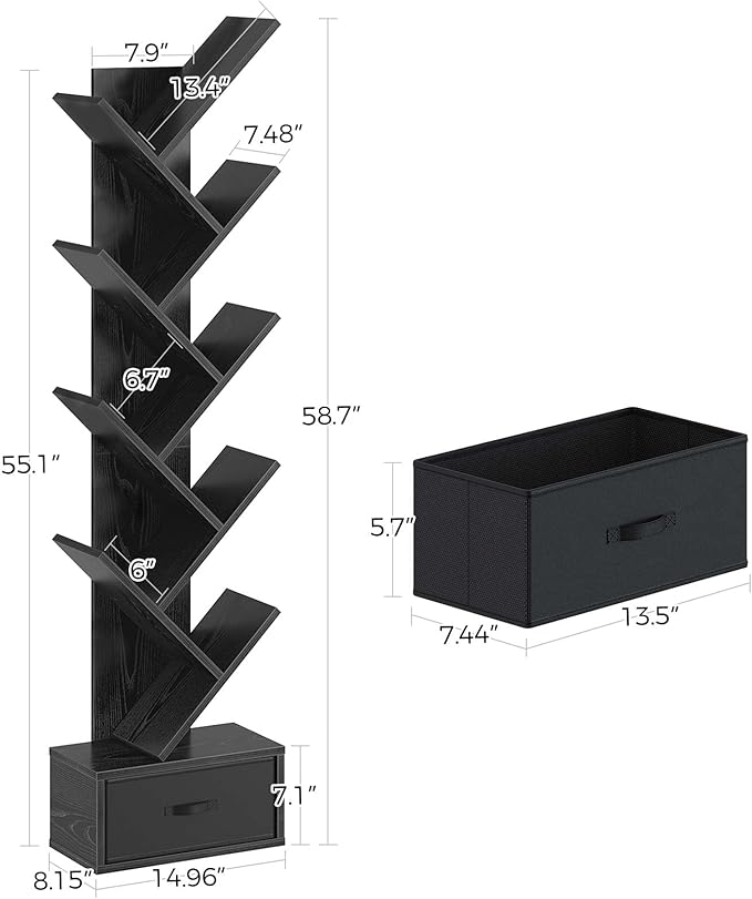 Rolanstar Bookshelf with Drawer,9 Shelf Tree Bookshelf,Retro Bookcase,Wooden Storage Rack for CDs/Movies/Books, Utility Organizer Shelves for Bedroom, Living Room, Home Office