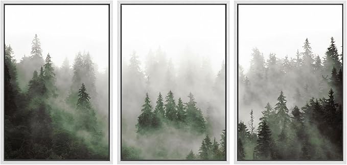 SIGNWIN Framed Canvas Print Wall Art Woodland Nursery Decor Set Fog & Mist Over Green Pine Tree Forest Nature Wilderness Modern Art Chic Landscape for Living Room, Bedroom, Office - 24"x36"x3 White