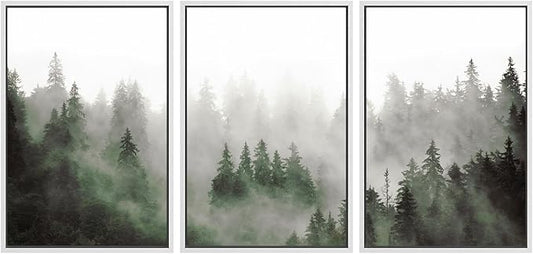 SIGNWIN Framed Canvas Print Wall Art Woodland Nursery Decor Set Fog & Mist Over Green Pine Tree Forest Nature Wilderness Modern Art Chic Landscape for Living Room, Bedroom, Office - 16"x24"x3 White