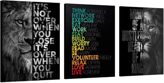 Unbruvo Motivational Office Wall Art Inspirational Canvas Wall Art Lion Picture Print Entrepreneur Quote Wall Painting 3 Pieces Artwork for Living Room Bedroom Classroom Home Decor(60”Wx28”H)