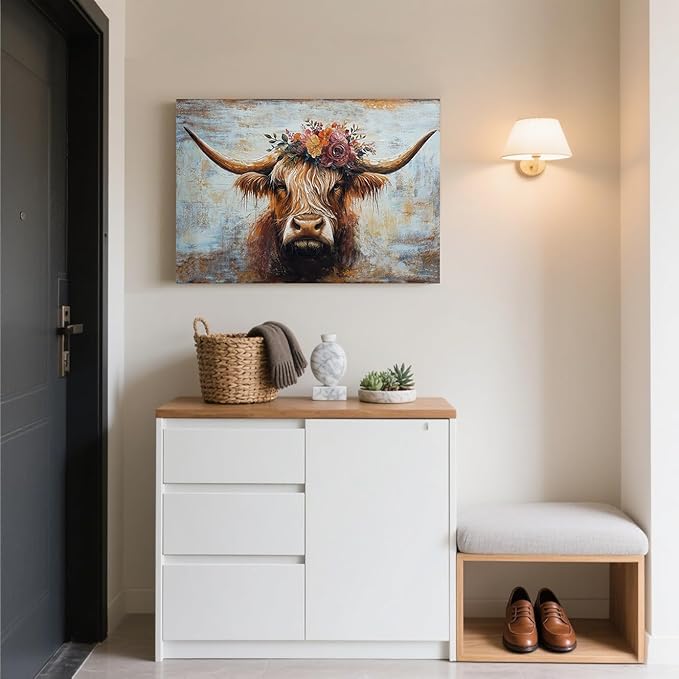 Canvas Wall Art Decor Modern Wall Art Picutures for Living Room Artwork for Wall Decor Vintage Wall Art Decor Highland Cow Wall Art Prints Artwork for Walls Home Bedroom Office Decorations 32" X 48"