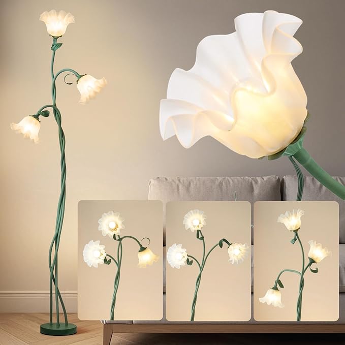 Flower Standing Lamp for Bedroom, Cute Floor Lamp with Flexible Neck, Bulbs Included, 3 Color Temperatures Vintage Tall Reading Lamp for Home Living Room Corner (Green)