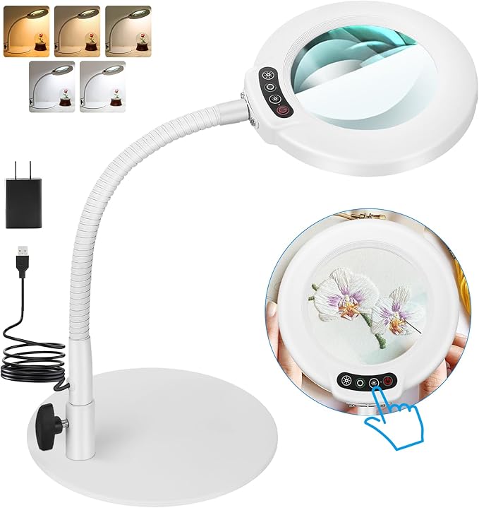 10X Magnifying Glass with Light, Real Glass Lens, 5 Color Modes Dimmable, Flexible Gooseneck Lighted Magnifier with Stand, LED Desk Lamp Hands Free for Crafts Painting Reading Close Work, White