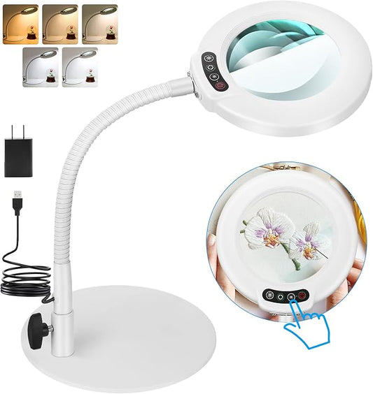 10X Magnifying Glass with Light, Real Glass Lens, 5 Color Modes Dimmable, Flexible Gooseneck Lighted Magnifier with Stand, LED Desk Lamp Hands Free for Crafts Painting Reading Close Work, White