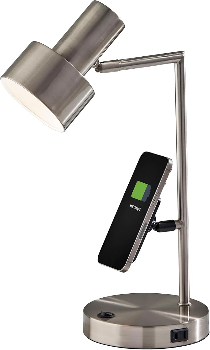 Adesso Supercharger Lamp with USB-A, USB-C, AC Outlet & Wireless Charging Pad – Brushed Steel Desk Lamp with Adjustable Shade and Power Station Base for Home, Office, or Dorm