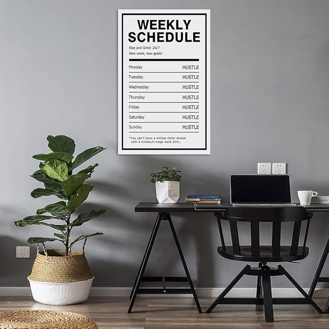 Weekly Schedule Inspirational Wall Art Motivational Entrepreneur Quote Painting Prints on Canvas Success Inspiring Hustle Posters Rise Grind Pictures Artwork Home Office Decor Framed (28" Wx44 H)