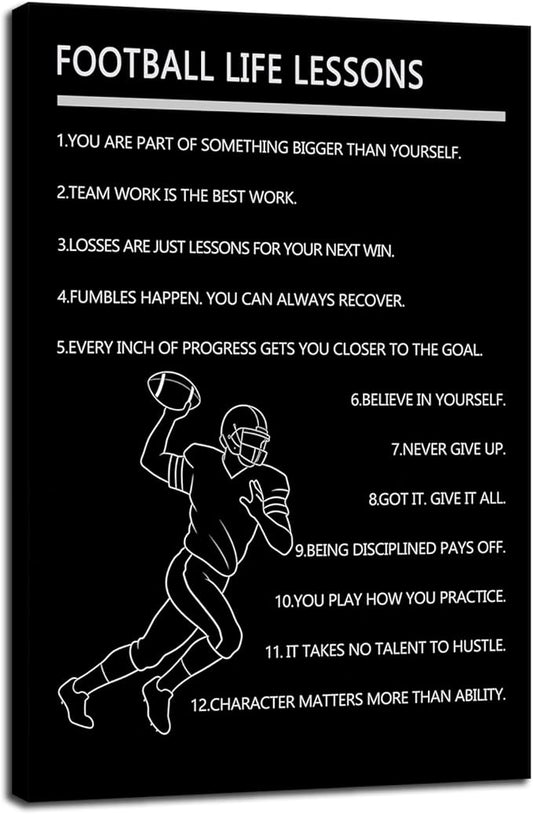 WYJDFART “Football Life Lessons” Wall Art Motivational Quotes Poster Inspirational Football Player Canvas Print for Home Boys Bedroom Gym Locker Room Decor Framed Ready to Hang [12" W X 18" H]
