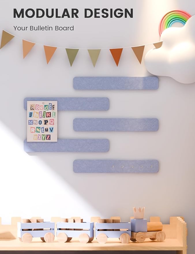 Fluxynara Cork Board Alternative Felt Strip Board 5-Pack 13"x2", Office Pin Board with 35 Push Pins, Adhesive Install for Bedroom Door & Home Office(Soft Periwinkle)