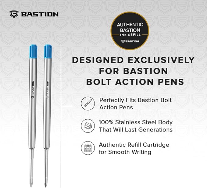 BASTION® Premium Pen Refill, Deeply Pigmented Ink for All Bolt Action Luxury Pens, Standard Ink Refill with 0.55mm Fine Tip - Blue Gel, 2 PCs