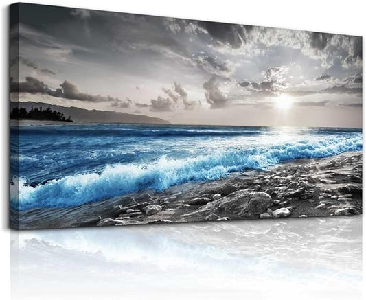 hyidecorart Large Wall Decor For Living Room Canvas Wall Art For Office Bedroom Decorations Blue Ocean Wave Wall Painting Black and White Beach Pictures Artwork Modern Mural Home Decor