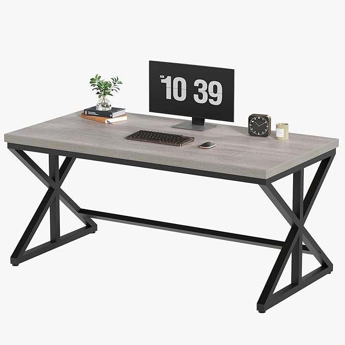 IBF Computer Desk, Industrial PC Laptop Office Desk, Farmhouse Gaming Desk with Spacious Desktop, Rustic Wood Metal Writing Study Work Table for Home Office Bedroom, 47 Inch, Grey Oak