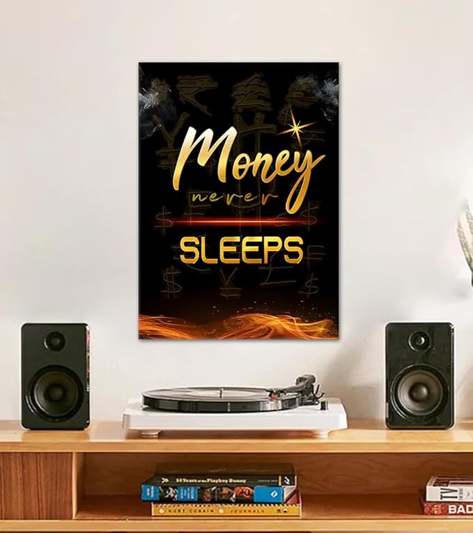 Inspirational Wall Art Money Never Sleeps Motivational Posters Wall Decor Black Golden Canvas Prints Artwork for Office Living Room Decoration Ready to Hang-12x16 inch