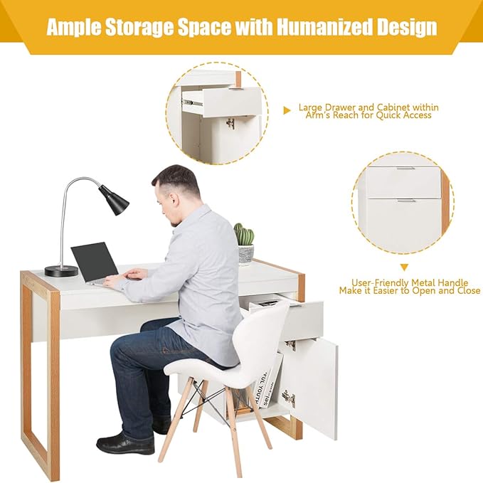 Tangkula Wooden Home Office Desk with Drawer & Cabinet, PC Laptop Workstation Study Writing Desk, Ideal for Bedroom Home Office (White & Natural)