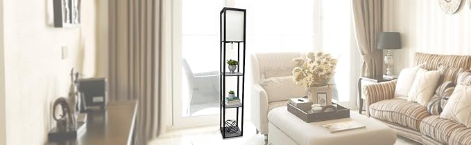 Simple Designs LF1014-BLK 62.5" Modern Etagere Organizer Storage 3 Shelf Floor Lamp with White Linen Fabric Shade for Home Décor, Office, Study, Bedroom, Living Room, Dining Room, Black