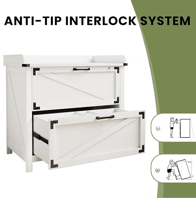 2 Drawer File Cabinet with Lock, Modern Farmhouse Filing Cabinet for LetterFiles, Large Wood File Cabinets for Home Office