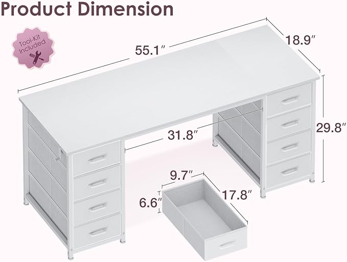 ODK 55 Inch Vanity Desk with 8 Fabric Drawers, Modern Makeup Desk for Bedroom & Dressing Room with Large Storage, Ideal for Home Office, Study.Pure White.