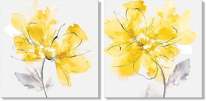 SEVEN WALL ARTS Yellow Flowers Wall Art 2 pcs Floral Pictures for Bathroom Abstract Canvas Flowers Wall Decor Botanical Poster Print for Living Room Bedroom Home Decor 24"x24"