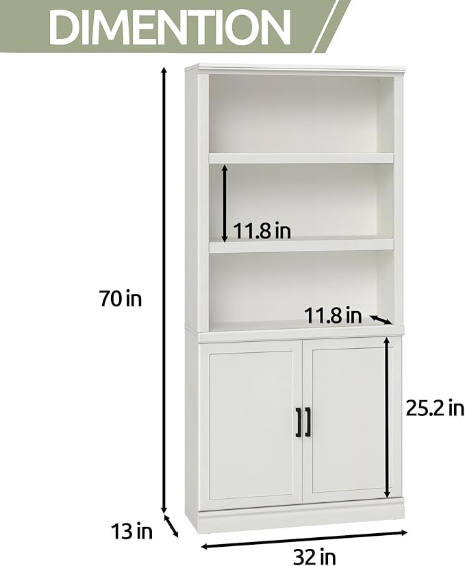 blini 5 Shelf Tall Bookcase with Doors White Bookshelf 31in Wide Display Standing Shelf 72in Tall Wood Book Shelves for Living Room Office Library