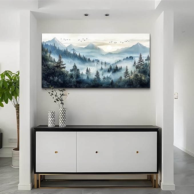 FUHAIHUA Large Wall Decor For Living Room Canvas Wall Art For Office Modern Wall Decorations For Bedroom Forest Fog Landscape Painting Mountain Pictures Artwork Room Home Decor 24x48 In