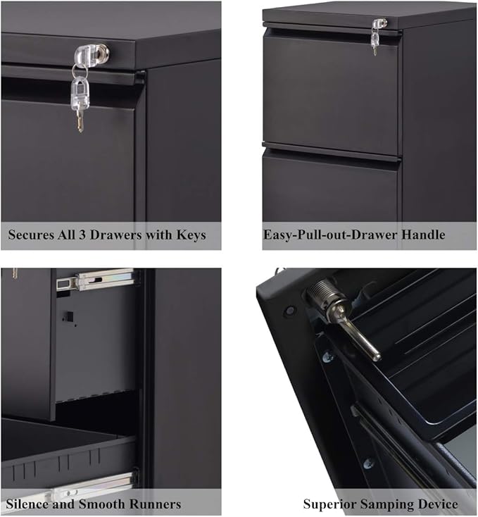 File Cabinet 2-Drawer Office Metal Pedestal Mobile File Organizer with Lock for Filing Supplies Storage, Use for Home Office and Enterprise, Fully Assembled (Black)