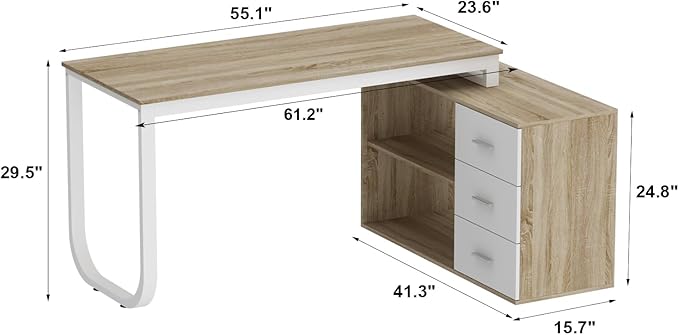 Homsee Home Office Computer Desk Corner Desk with 3 Drawers and 2 Shelves, 55 Inch Large L-Shaped Study Writing Table with Storage Cabinet - Walnut and White