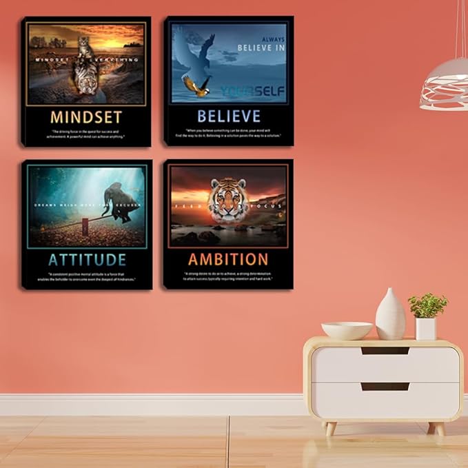 Motivational Wall Art Decor Quotes Canvas Wall Art Set of 4 Motivation Picture Prints for Home Office Canvas Painting Wall Art Poster Prints Wall Pictures Decoration Framed Ready to Hang 16"x16"x4