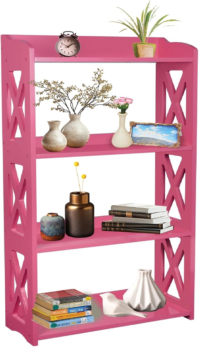 Pink Bookcase by Natural Wood, 4 Tier Bookshelf, Small Book Shelves Freestanding Display Storage Shelves. Open Bookshelf for Bedroom, Living Room and Office (Pink, 4 Tier)