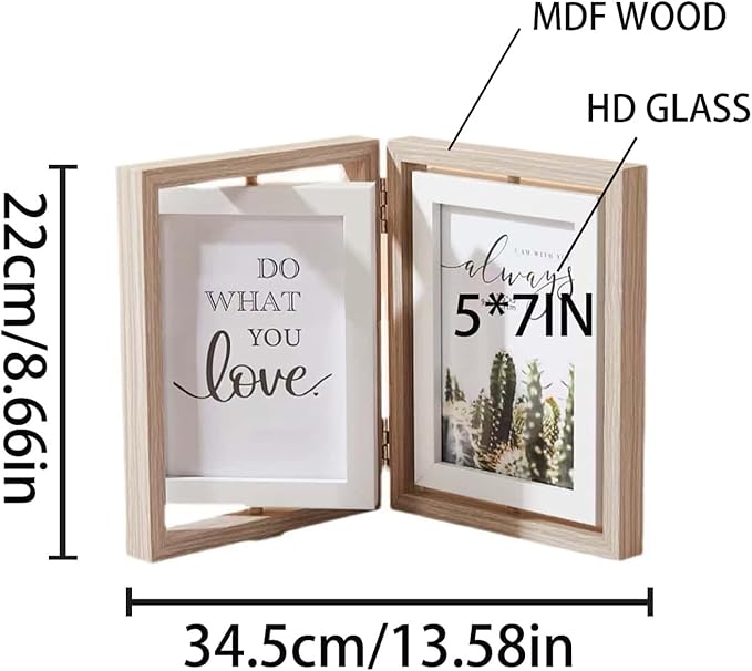 Wooden Hinged Double floating rotating Picture Frame for Photos, 4 * 6 5 * 7 vertical photo Natural Finish (wood color, 5 * 7in)