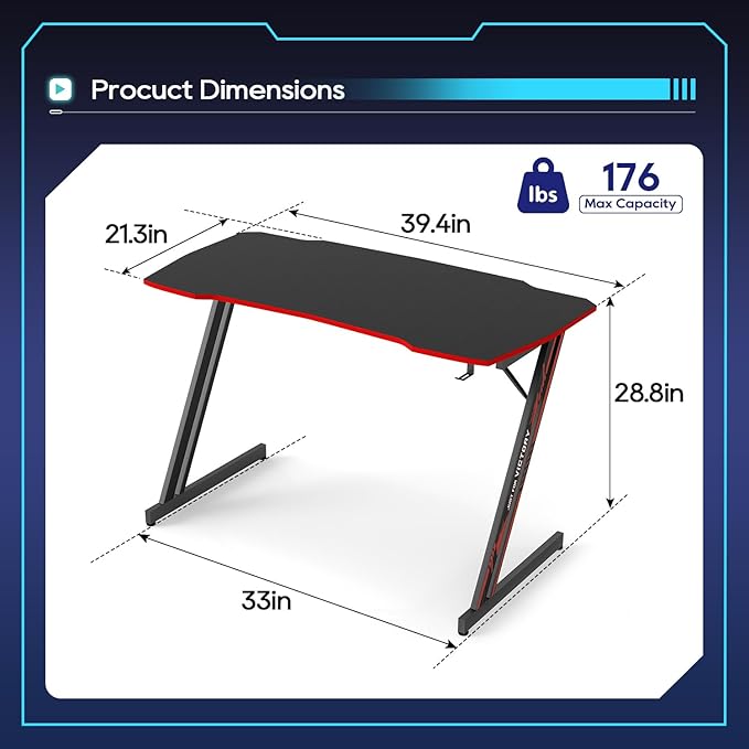 BestOffice 39" Gmaing Desk Computer Gaming Desk Z Shaped Gaming Workstation Ergonomic Gaming Table with Headphone Hook for Game Players,Black&Red