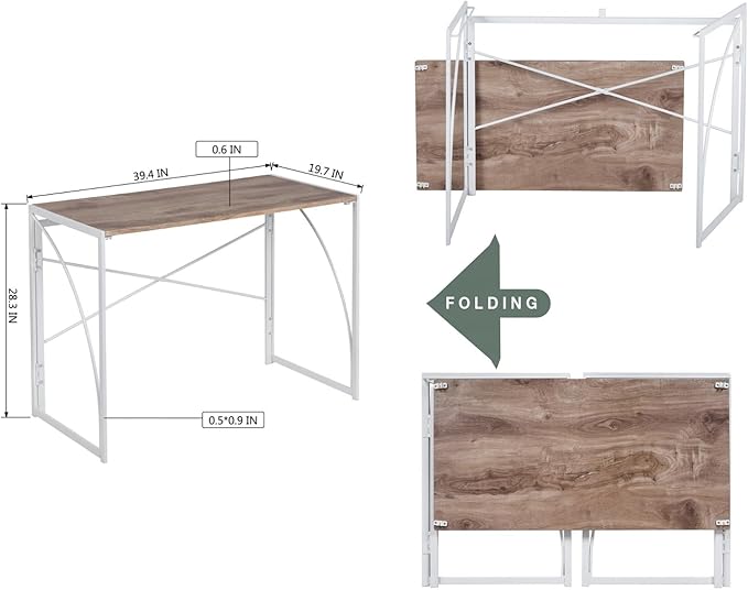 Homy Casa 39.4 Inch Foldable Laptop Desk, Space-Saving Computer Table with No Assembly Required, Sturdy Metal Frame, Minimalist Design for Home Office, Study, or Small Spaces, Oak & White