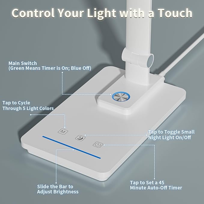 ELECTRI LED Desk Lamp, Touch Desk Light with USB Port, 5 Color & Stepless Dimming, 360° Rotatable ＆ Foldable, Reading Lamp for Table Study Work Office Nail Craft Puzzle(with Adapter) (White)