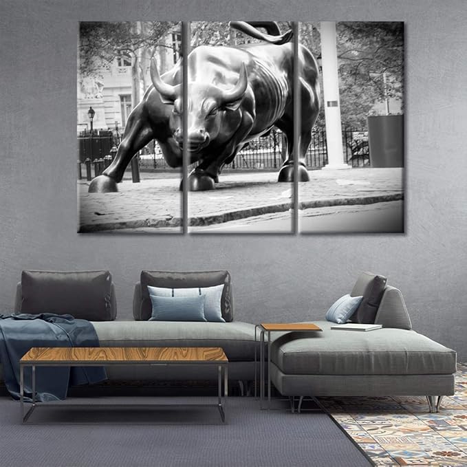 3 Panels Black and White Wall Art Paintings for Home Decor, Wall Street Bull Picture Print on Canvas Giclee Modern Artwork Gallery-Wrapped Framed Stretched Ready to Hang - 60" Wx40 H