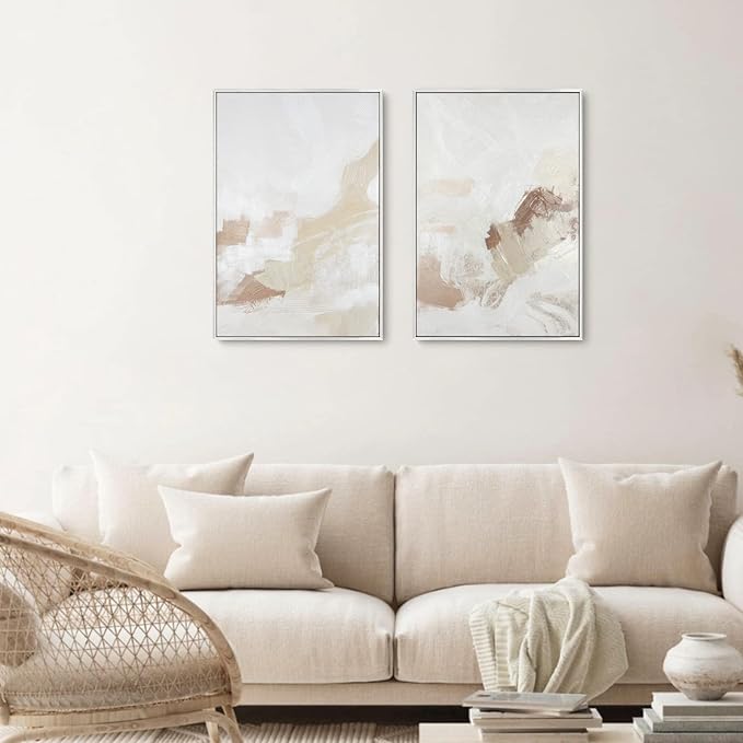 Framed Neutral Abstract Wall Art Set - Pastel Duotone Tan and White Abstract Illustrations Modern Wall Art Decorative Contemporary for Living Room, Bedroom, Office - 16"x24"x2