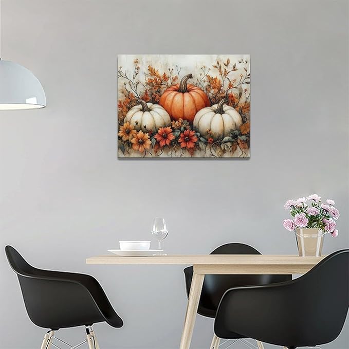 Fall Pumpkin Wall Art Autumn Leaf Pictures Wall Decor Maple Leaves Canvas Painting Modern Artwork Home Decoration for Living Room Bathroom Bedroom Office Framed 16"x12"