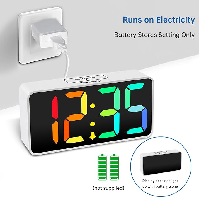 DreamSky Small Digital Alarm Clock for Bederoom, RGB Large Big Numbers Display with Dimmer for Living Room, Electric Bedside Desk Clock with USB Charging Port, Adjustable Volume, USB-C Adapter Powered