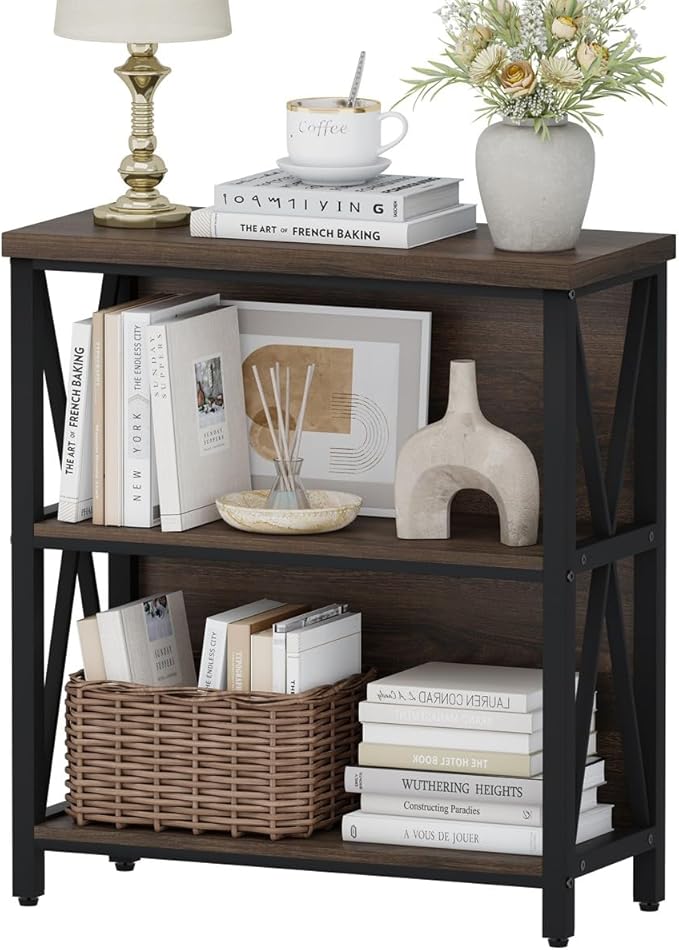 FATORRI Small Bookshelf, 3 Shelf Bookcase for Living Room, Low Short Bookshelf, Industrial Wood Book Shelf and Rustic Book Case for Small Space, Home Office (Dark Walnut)
