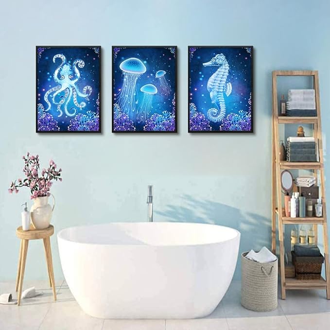 MHARTK66 Canvas Wall Art for Bedroom 3Pcs Beach Themed Wall Decor Living Room Under The Sea Pictures Artwork Animal Bathroom Wall Art Seahorse Poster Modern Nautical Painting Bedroom Home Decorations