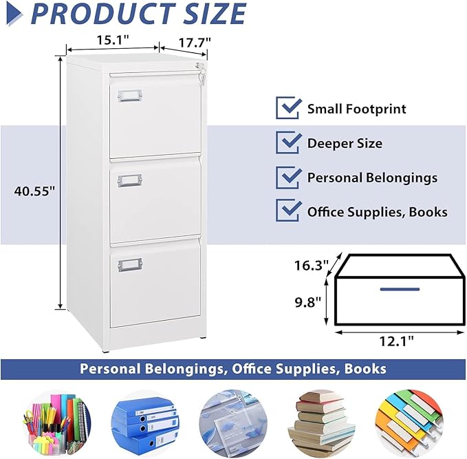 3 Drawer File Cabinet,Metal Filing Cabinets with Lock,18" Deep Office Storage Cabinet for A4/Letter/Legal Size File,Assembly Required