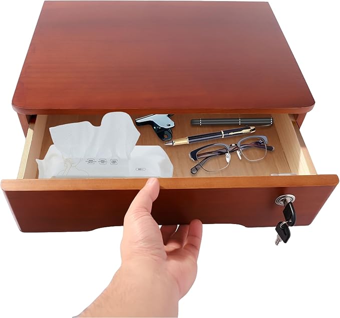 Wooden Desktop Storage Box with Lockable Drawers Office Supplies Drawer Organizer Receipt File Organizer Flat File Cabinet for Office Study Desk Front Desk (Walnut, 1 Drawer)