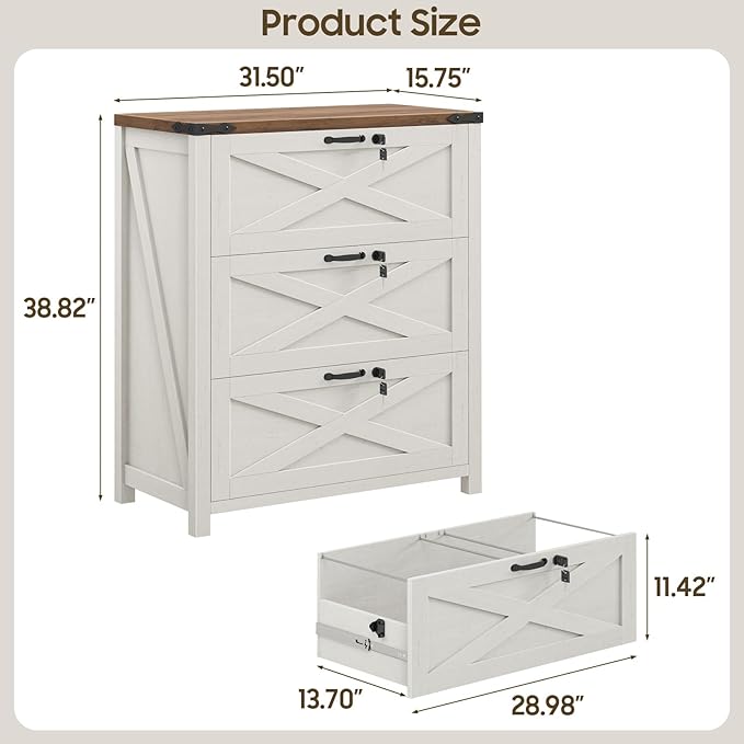 File Cabinet with 3 Drawers, Lateral File Cabinet for Letter/Legal/A4 Size Hanging Files, Large Wood File Storage Cabinets Printer Stand for Home Office, Rustic White and Brown
