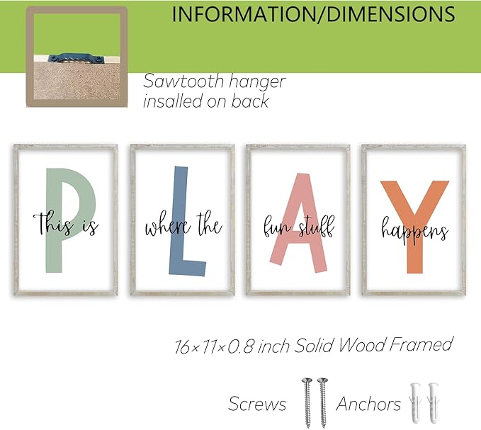 This Is Where The Fun Stuff Happens Kids Playroom Wall Art 11x16 Inch Set Of 4 Rustic Kids Wood Framed Boy Sign Toddler Modren Nursery Interesting Let's Play Prints Wall Hang Decor (White)