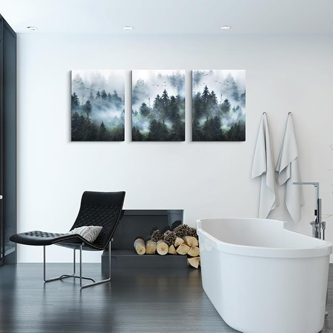 Lapremoly Trees Landscape Pictures Wall Decorations For Living Room Canvas Wall Art For Bedroom Modern Office Wall Decor Foggy Forest Wall Painting Artwork Ready To Hang Room Home Decor 3 Piece
